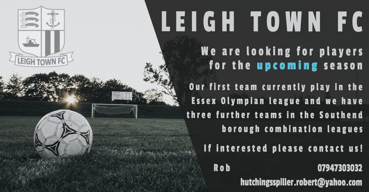 leigh_townfc's tweet photo. @sjslfootball we are looking for any players aged 16+ that are looking to get into senior football on Saturdays next season

We are running 4 at one teams and looking for players of all ability levels and positions.

If interested email hutchingsspiller.robert@yahoo.com or DM us https://t.co/3MUwk6qK9O