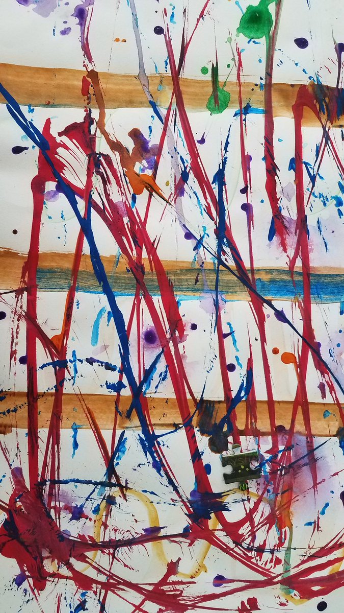 WSESartmosphere's tweet photo. Using nontraditional tools to explore AbEx painting. Yarn, marbles, straws, square chips, puzzle pieces, pipe cleaners &amp; throw in a 'lil bit of Surreal chance w/the die yielded these beauts @WSESSmithfield #WestsideBestside #discoveringcreativity https://t.co/YUMEjVSvky