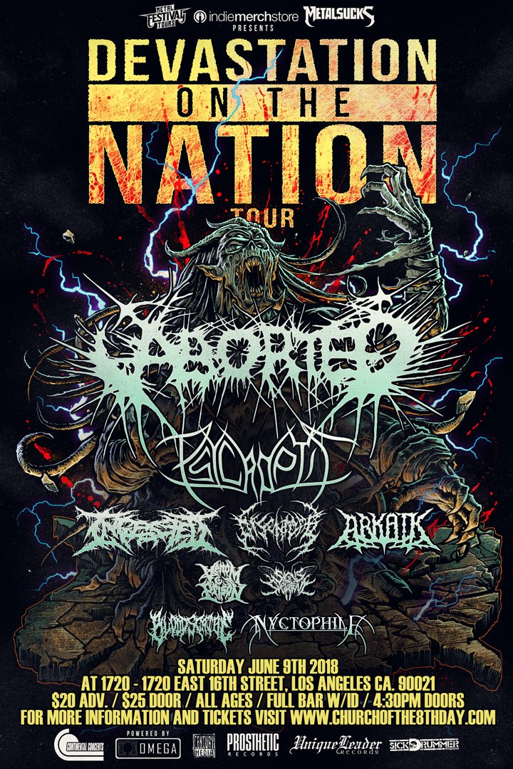 PinUpPresents's tweet photo. 6.9.18 @1720warehouse (L.A.)
#DevastionOnTheNationTour
@abortedmetal @Ingested @DisentombAUDM @Arkaikmetal @Venomprison @signsoftheswarm #Bloodscribe #Nyctophilee
$20ADV | $25 Door | All Ages | 4:30pm
Tickets: https://t.co/afGBFJ8n6X https://t.co/cjKl9QcyD9