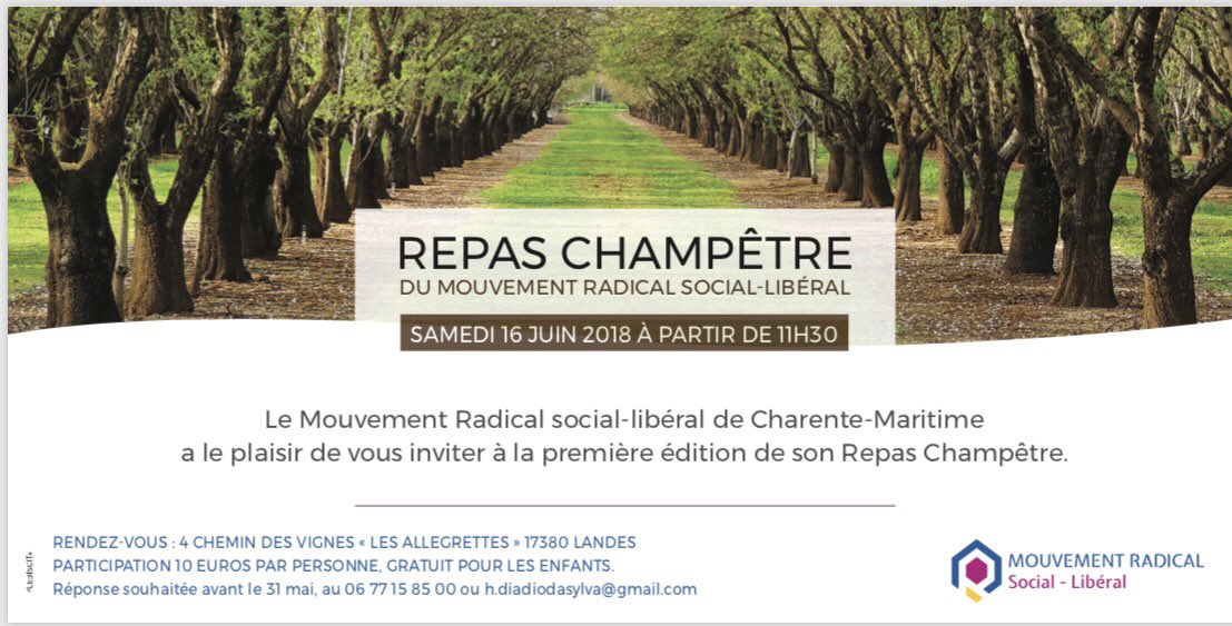 MvtRadical17's tweet photo. Repas Champêtre du @MvtRadical17 1er édition c’est le 16 juin 2018, à Landes. #partage #echange #union #rire sont à l’ordre du jour!!!@Diadio_Dasylva #FredericMillet @SylviaPinel @LaurentHenart https://t.co/UzRfnQsjrd