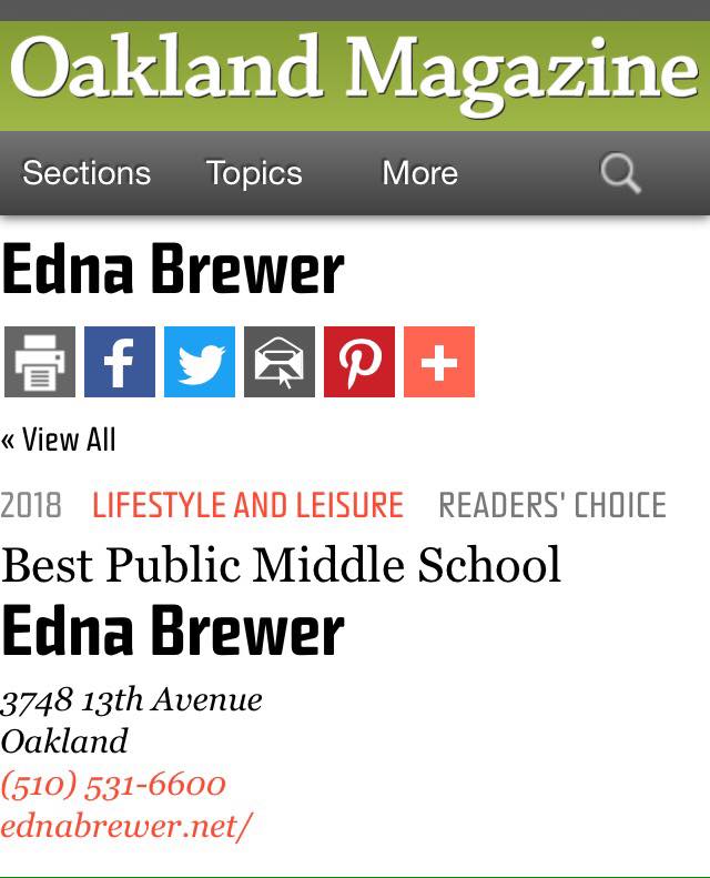 Edna Brewer was voted "Best Public Middle School" in Oakland Magazine's "Best of Oakland and the East Bay 2018".