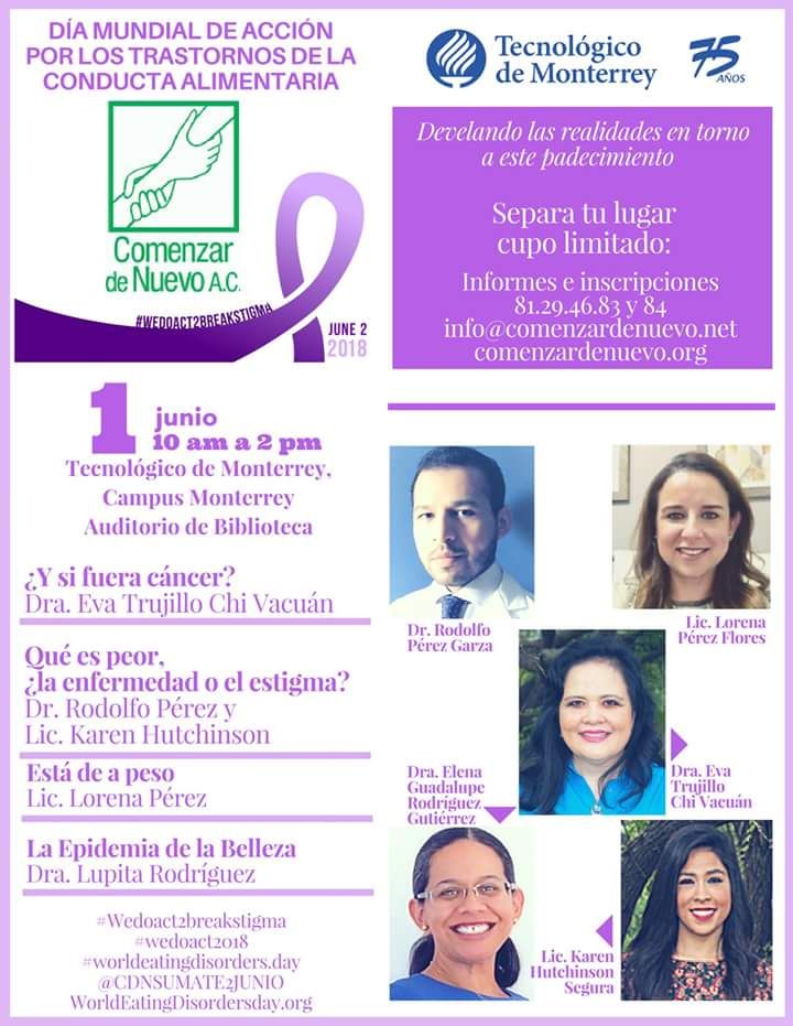 Para el Día Mundial de Acción por los Trastornos de la Conducta Alimentaria,  en Monterrey  Mex. El equipo de día @comenzardenuevo  tendrá la siguiente jornada 
#WeDoAct2BreakStigma #WorldEatingDisordersDay #2dejunio #JuntosRompemosEstigma