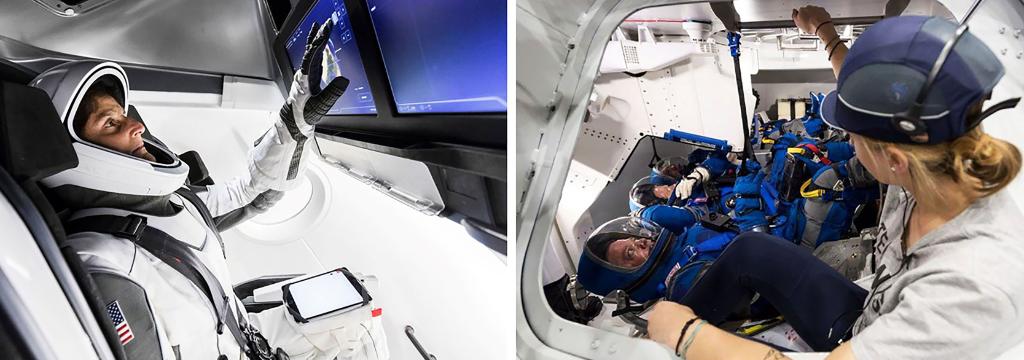 NASA's tweet image. Fully suited &amp;amp; ready for training! Simulated flights to @Space_Station aboard @SpaceX’s Crew Dragon &amp;amp; @BoeingSpace’s CST-100 Starliner spacecrafts are bringing us one step closer to launching astronauts from US soil for the 1st time since 2011. Learn more: go.nasa.gov/2J3snJ1