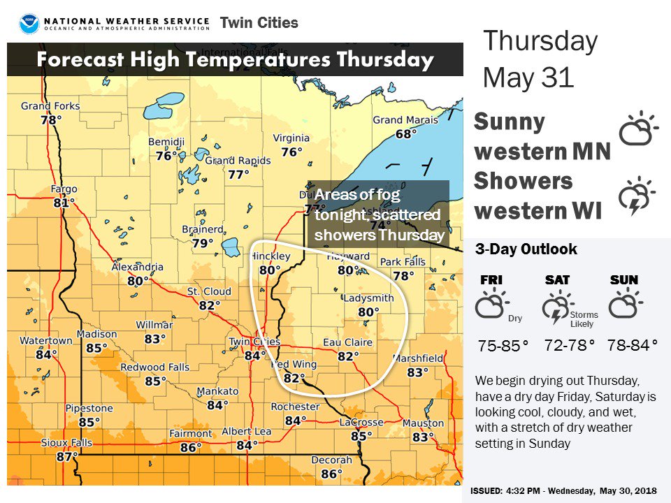 We start drying out Thu, have a dry day Fri, get another wet day Sat, and finish the weekend on a beautiful note Sun. #mnwx #wiwx