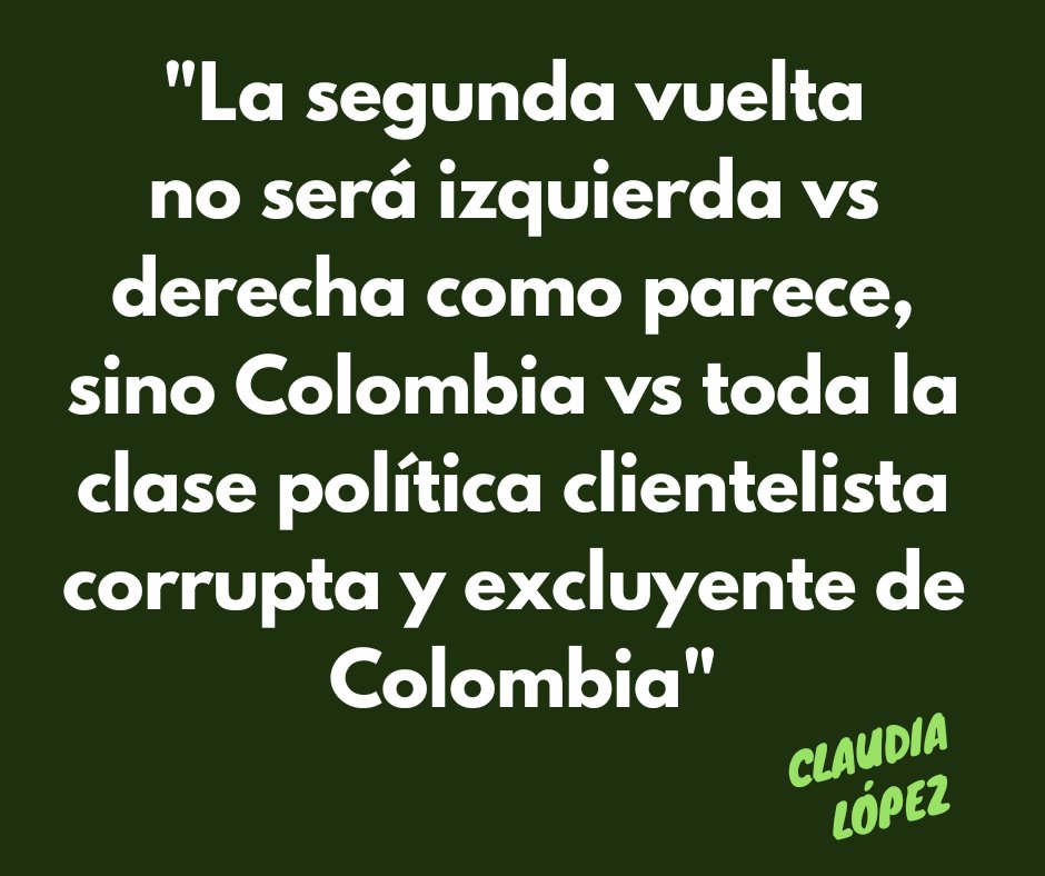 #UnidosLeGanamosA la corrupción, a la guerra, a la plutocracia de Colombia, que se cambia de colores según le convenga para seguir en el poder y explotar el territorio y sus habitantes.
<a href="/ClaudiaLopez/">Claudia López Hernández</a>
#AntanasTeEscuchamos 
#NosUnimosONosHundimos