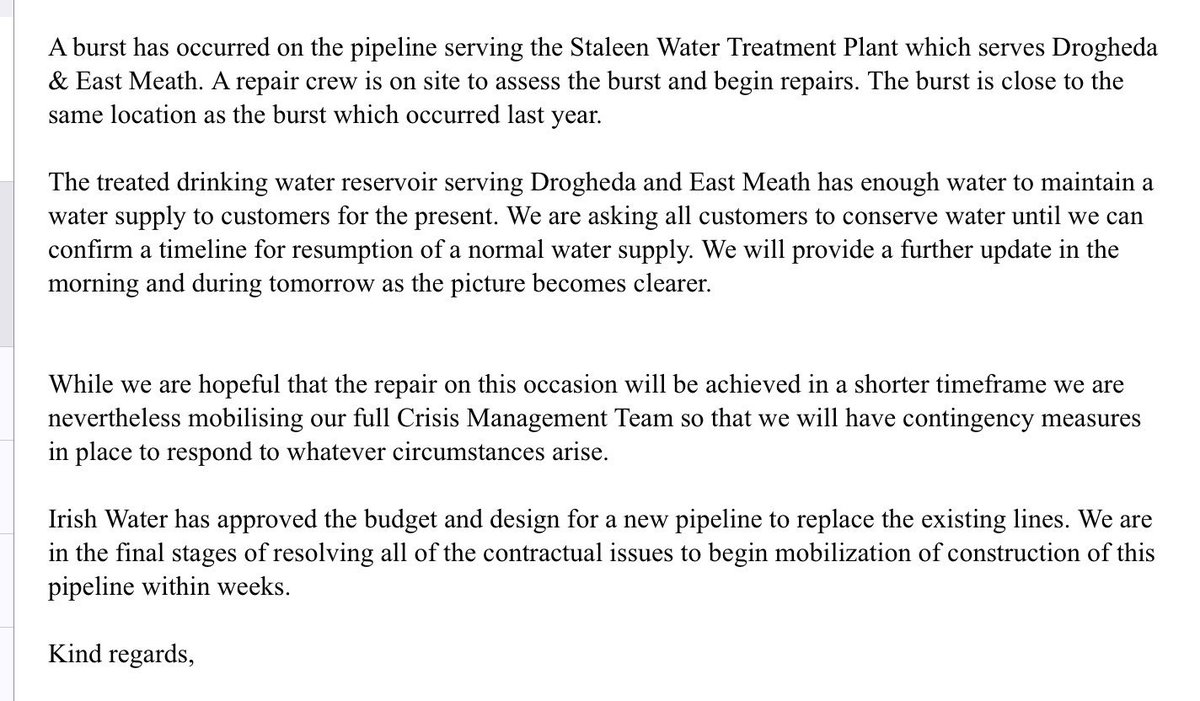 ThomasByrneTD's tweet photo. Irish Water statement to me tonight for #duleek #stamullen #donore #rosnaree #ashbourne #ratoath #kilbride #ardcath #curragha #skryne https://t.co/6kEEiQNI3L