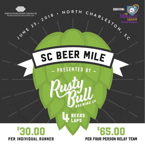 Are you going to grab 3 buddies for a relay team or take on the Beer mile solo? Sign up at rustybullbeer.com/registration. Proceeds benefit the North Chs Miracle League. #4Beers4Laps #SCBeerMile #RustyBullBeer #ChsBeer