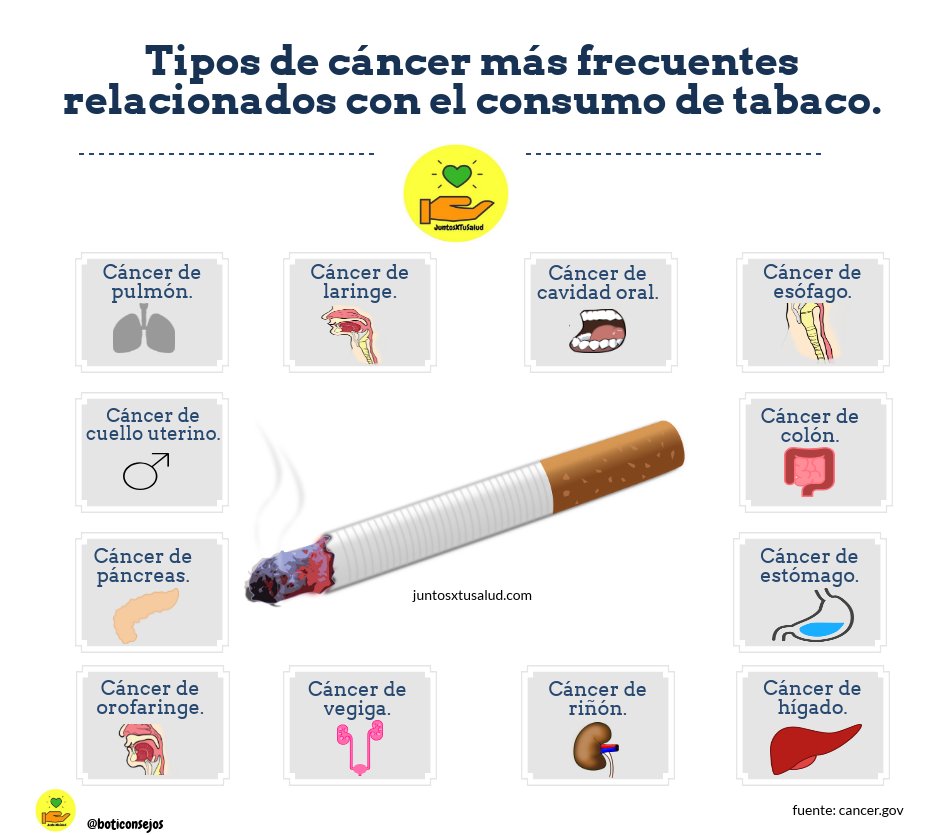 Hoy es el #DíaMundialSinTabaco y desde #JuntosXTuSalud queremos concienciarte de los efectos nocivos que produce fumar, y por ello, queremos hacerte reflexionar:

✅ ¿Te has preguntado alguna vez los tipos de #Cáncer que produce el consumo de #Tabaco?:

👉juntosxtusalud.com/factores-de-ri…