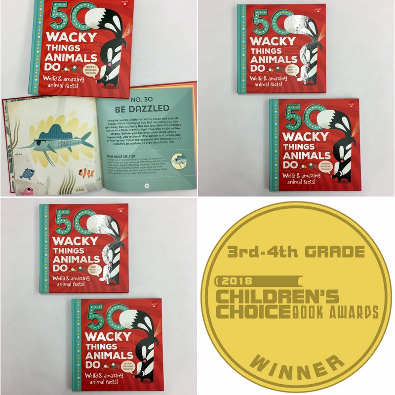 QuartoKids's tweet photo. 50 Wacky Things Animals Do by Tricia Martineau Wagner &amp; illustrated by @_ballesteros_ WINS this year’s Children’s Choice Book Award in the 3rd-4th Grade category! Thanks so much for all your votes! #CCBA18 @EveryChildRead @CBCBook #kidlit https://t.co/waQzlh3gBa