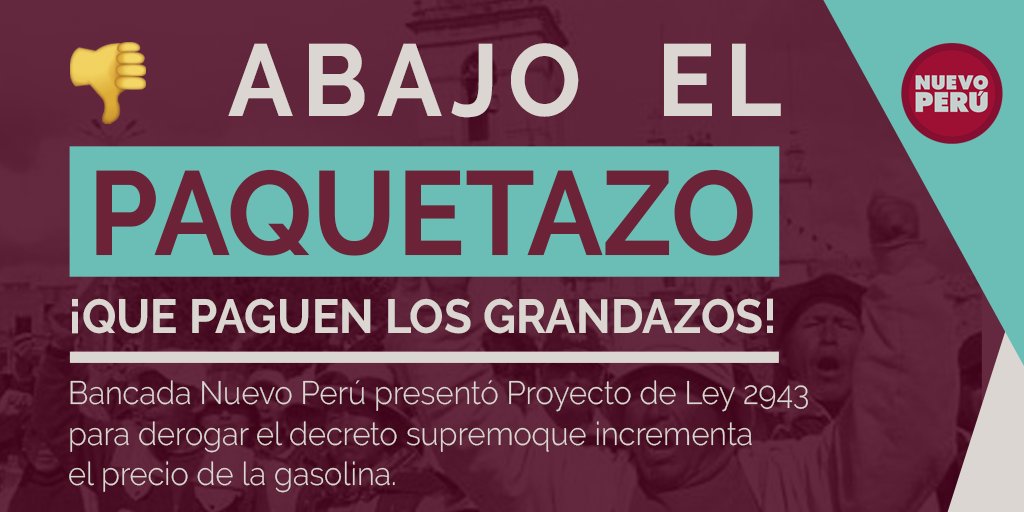 NuevoPeruMov's tweet photo. Nuestra bancada presentó hoy el PL2493 para derogar el decreto de @MartinVizcarraC que eleva el precio de la gasolina. Basta de que no solo los pobres paguen. Terminemos con las exoneraciones a las grandes empresas. #NoAlPaquetazo #QuePaguenLosGrandazos: https://t.co/HNlaYpYsB7 https://t.co/KiKgrgjGIe