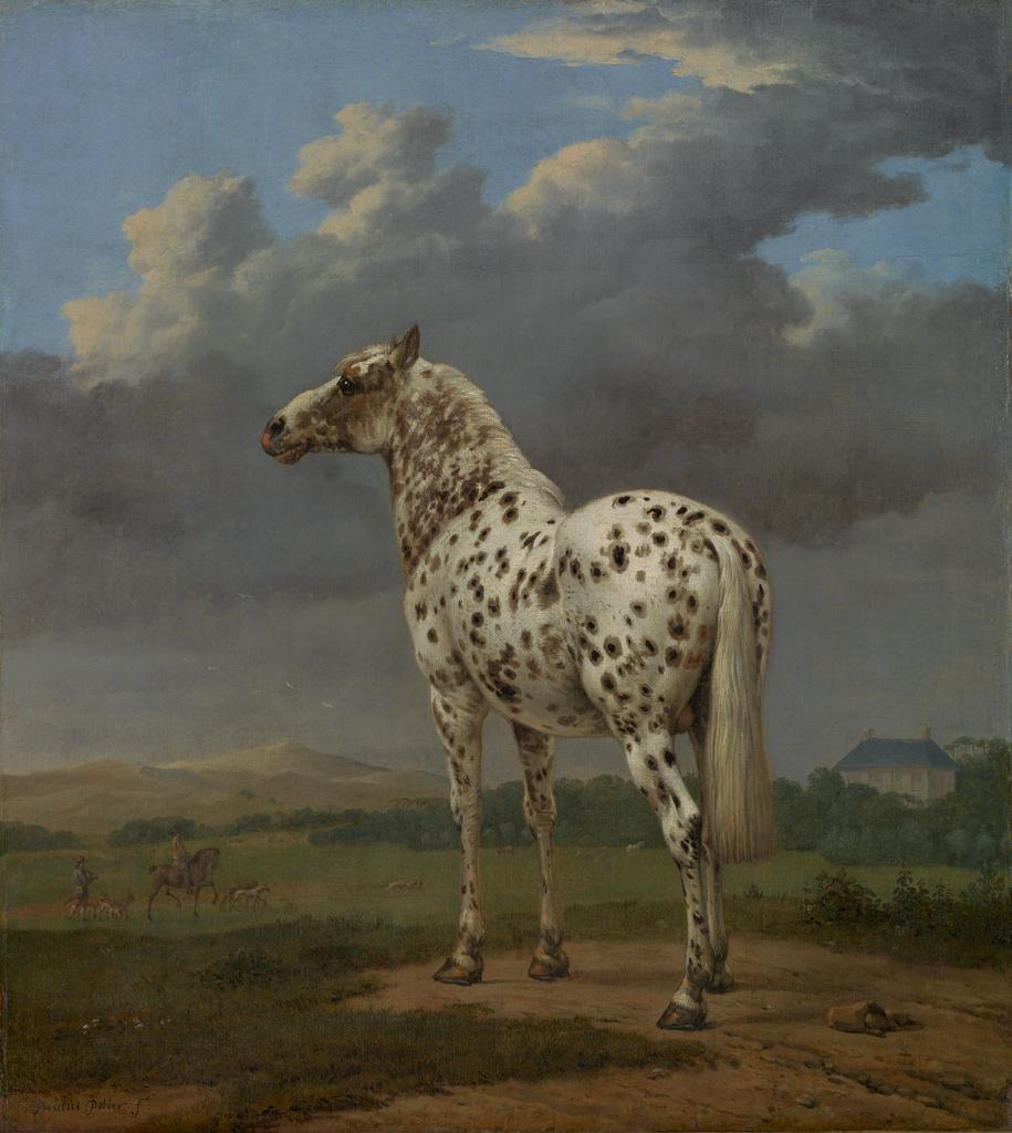 GettyMuseum's tweet image. Silhouetted against rolling, stormy, clouds, a gray, spotted horse stands, turning its head slightly to suggest its alertness to its surroundings. This painting is currently on view at the Getty Center: bit.ly/2xtY3WK