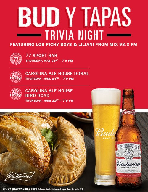 the3rdeyeagency's tweet photo. Join us tomorrow! Bud y Tapas Trivia Night at 77 Sportbar 7-9p! Enjoy Bud specials &amp; win prizes #budytapas #THISBUDSFORYOU https://t.co/AeHOsBPIoJ