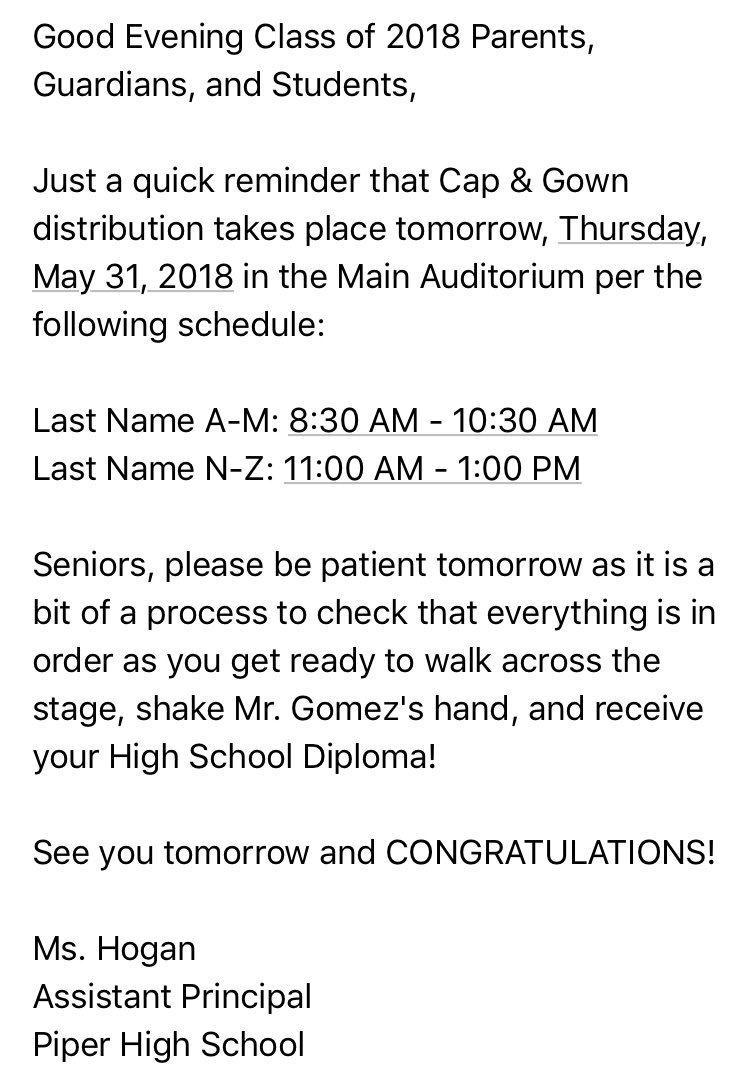 Ok <a href="/Bengal2018/">PHS Class of 2018</a> Seniors... please read the important information from @PiperSeniorAP Mrs. Hogan attached !!!

CAP AND GOWN PICK UP TOMORROW, MAY 31st IN THE MAIN AUDITORIUM !!!