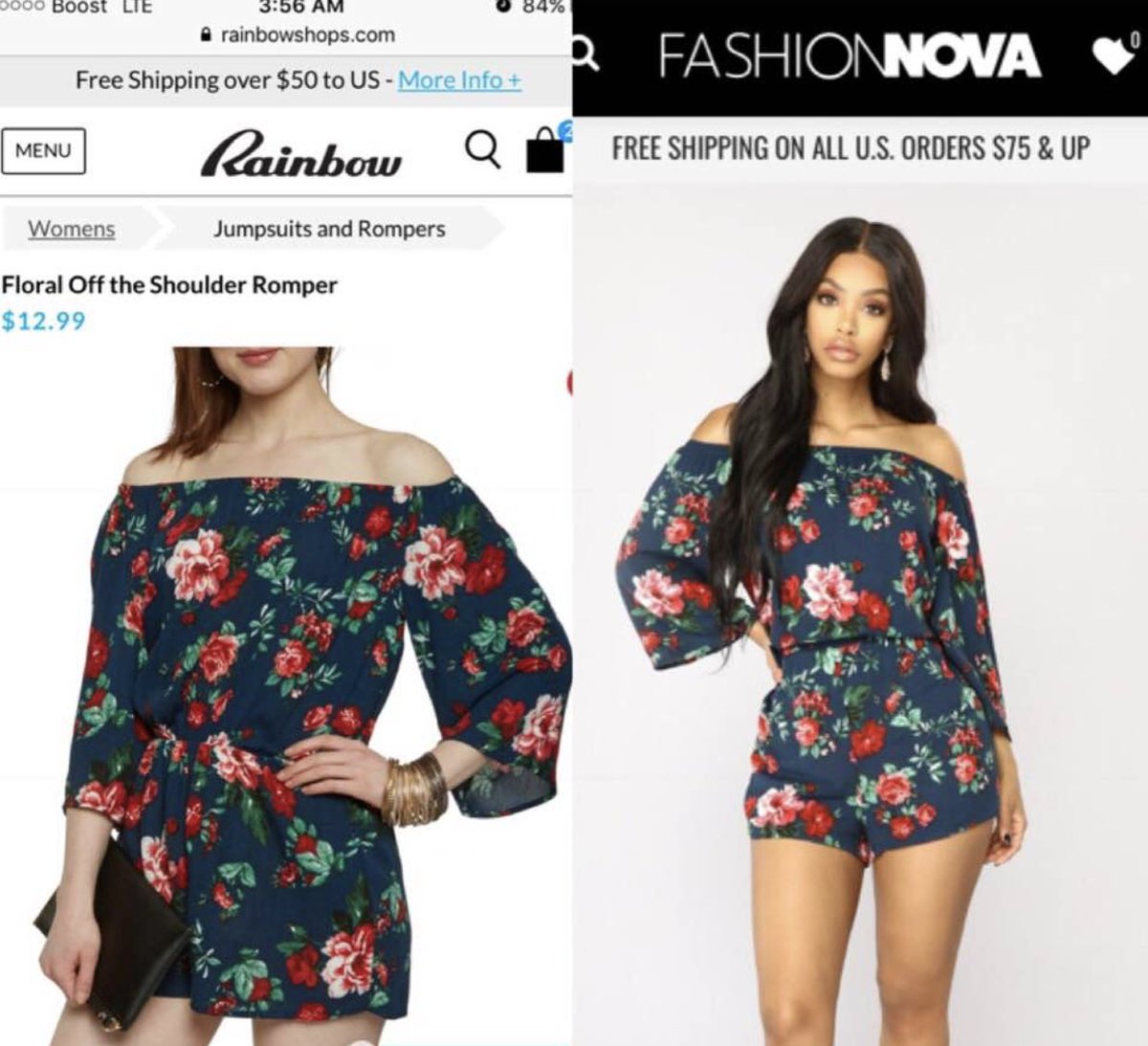 Rainbows has some of the same stuff Fashion nova has... Just cheaper! (bodysuits, rompers, shoes) It just looked different on their models! https://twitter.com/chinny___...