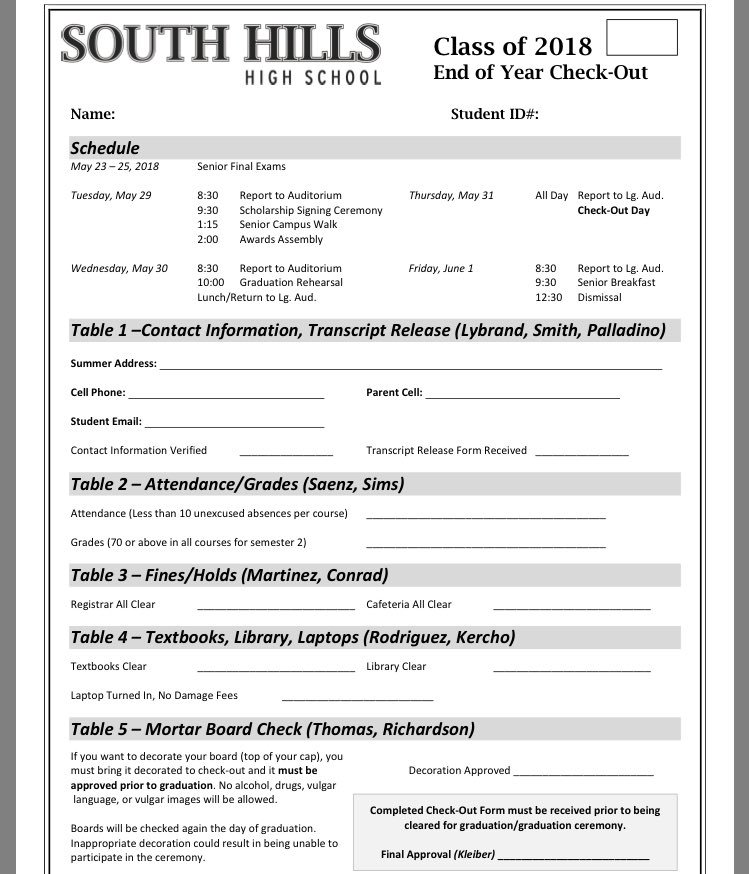2018shhs's tweet photo. Remember to bring your checkout sheet tomorrow SENIORS! don’t forget it! https://t.co/3j93K0PUcs