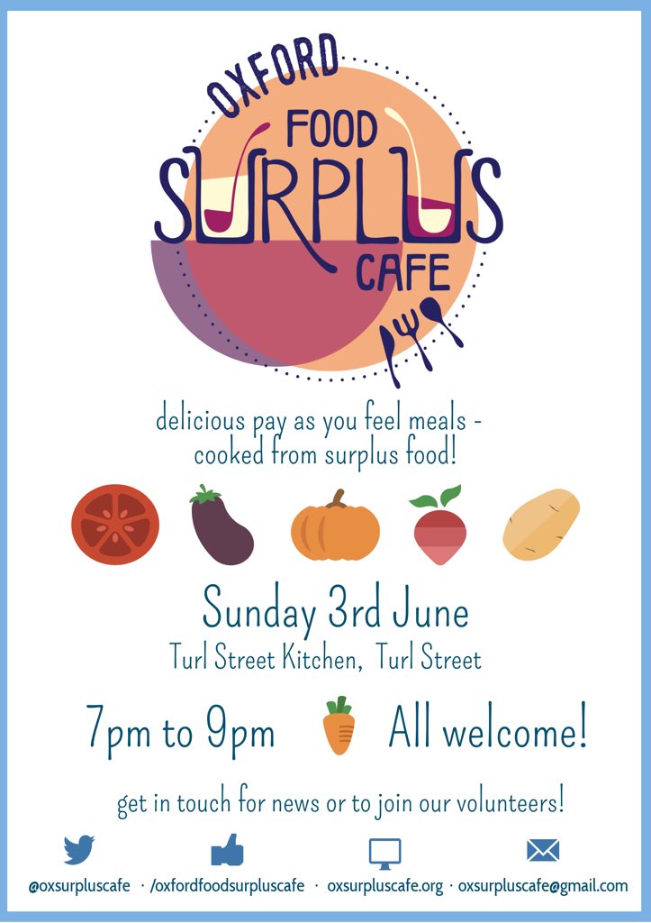 Just 3 days to go until our pop up surplus café at <a href="/turlstkitchen/">Turl Street Kitchen</a> using delicious, fresh, surplus food that would’ve otherwise have gone to waste from <a href="/oxfordfoodbank/">Oxford Food Bank</a>. Spread the word, everyone welcome! #foodsurplus #communitymeals #feedbelliesnotbins #LoveFoodHateWaste