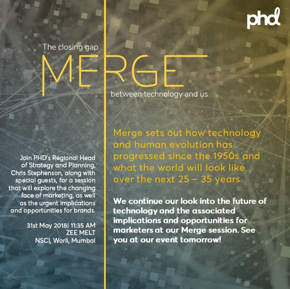 PHD_India's tweet photo. Nothing matters more to the human race than this Merge of technology and humanity. 

Join PHD to explore the urgent implications for marketing and reveal exciting new opportunities for brands. #PHDMerge #Technology #AI #ZeeMelt https://t.co/JoIRfFrL2F