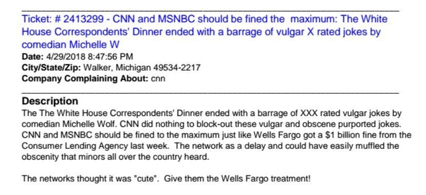 MuckRock's tweet photo. FCC complaint compares Michelle Wolf dropping an f-bomb at the #whcd2018 to Wells Fargo bank fraud https://t.co/E2YzzHgWDJ https://t.co/lIi0AqiPbW
