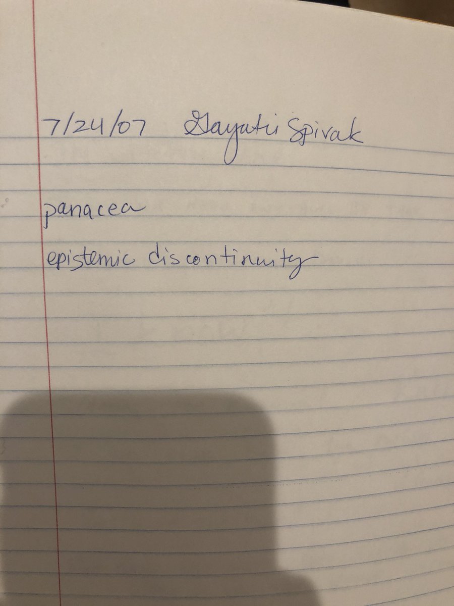 DrMonicaOsborne's tweet photo. My copious notes from Gayatri Spivak’s riveting lecture at Cornell SCT in 2007. I learned A LOT. #theory #oldnotebooks #sct2007 https://t.co/0Db6Re6uhY