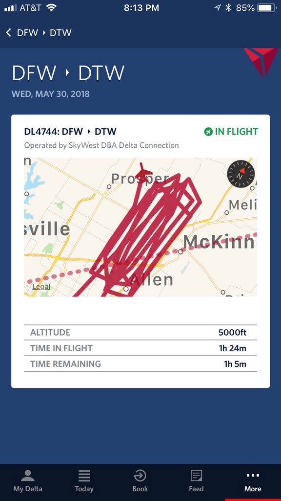 jessie_hartwig's tweet photo. Think my flight tracker says all I need to say about my flight experience tonight @Delta 🤢🤢 well this👇🏻 &amp; the pilot kept saying don’t panic like he was reassuring himself &amp; landed back in Dallas after 2hrs in the air..&amp;I’m still here.👎🏻 #Delta #Flight #WhatIsThisMess #NotOk https://t.co/aCb2toClHx