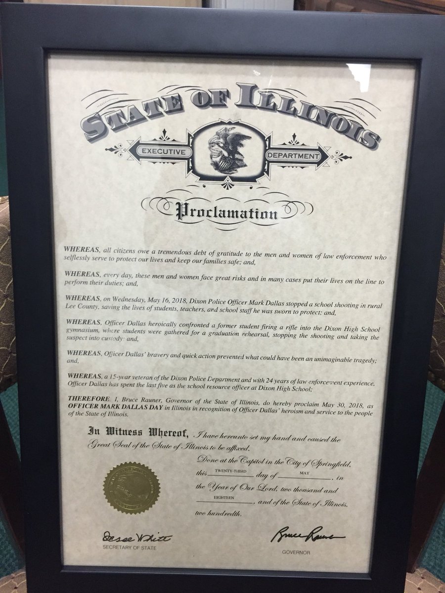 DixonPolice's tweet photo. School Resource Officer Mark Dallas was honored in Springfield today for his heroic actions at Dixon High School on May 16th.

@GovRauner has proclaimed that May 30th be Officer Mark Dallas Day in Illinois! https://t.co/c0KFBSNRc9