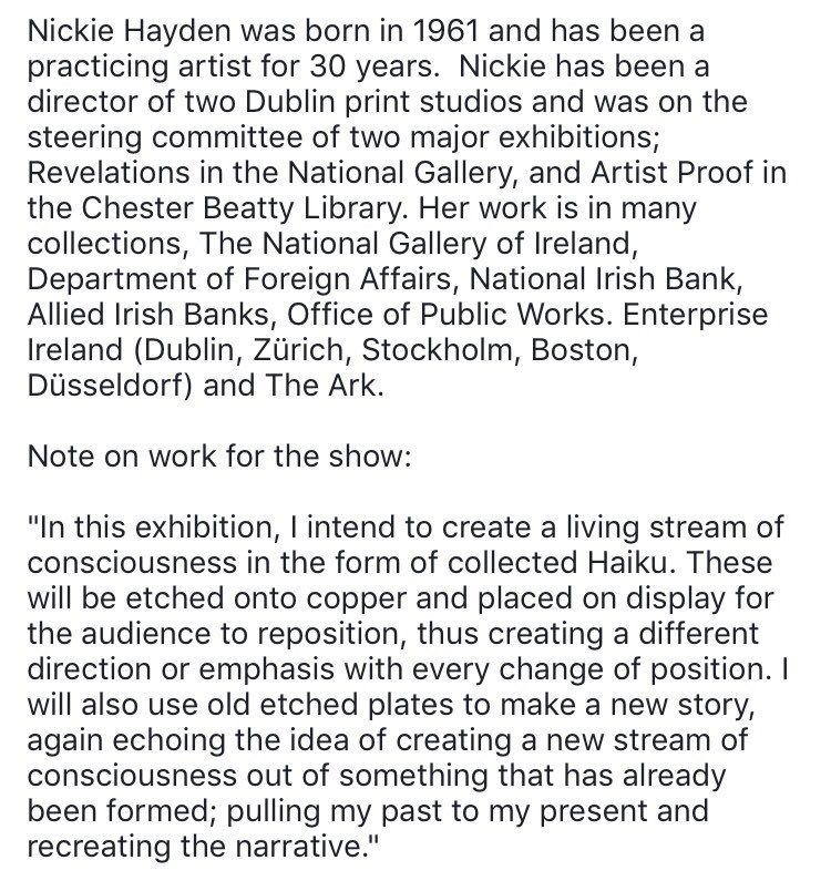 OC_Gallery's tweet photo. @DrawingonJoyce @JamesJoyceCentr Nickie Hayden will exhibit a series of haiku-inspired copper works  alongside paintings &amp; prints by Maser, Eoin Mac Lochlainn, Paula Meehan &amp; Robert Russell. The show, @DrawingonJoyce, opens @OC_Gallery on 10 June. Part of #bloomsday2018 organised by @JamesJoyceCentr #Dublin https://t.co/e8oykCAKDK