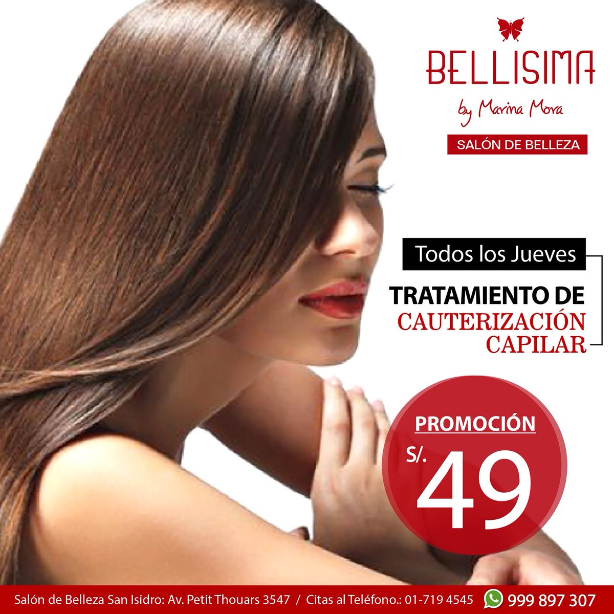 BellisimaOF's tweet photo. Bellisimas!!! Todos los Jueves estamos de promoción, Tratamiento de Cauterización Capilar a solo S/ 49.00 (antes S/ 150.00) 😊
Pueden visitarnos en nuestro salón de belleza de San Isidro: Av. Petit Thouars 3547, citas al 719-4545. Las esperamos.😉
#bellisima #salondebelleza https://t.co/WKeTrFGTeW