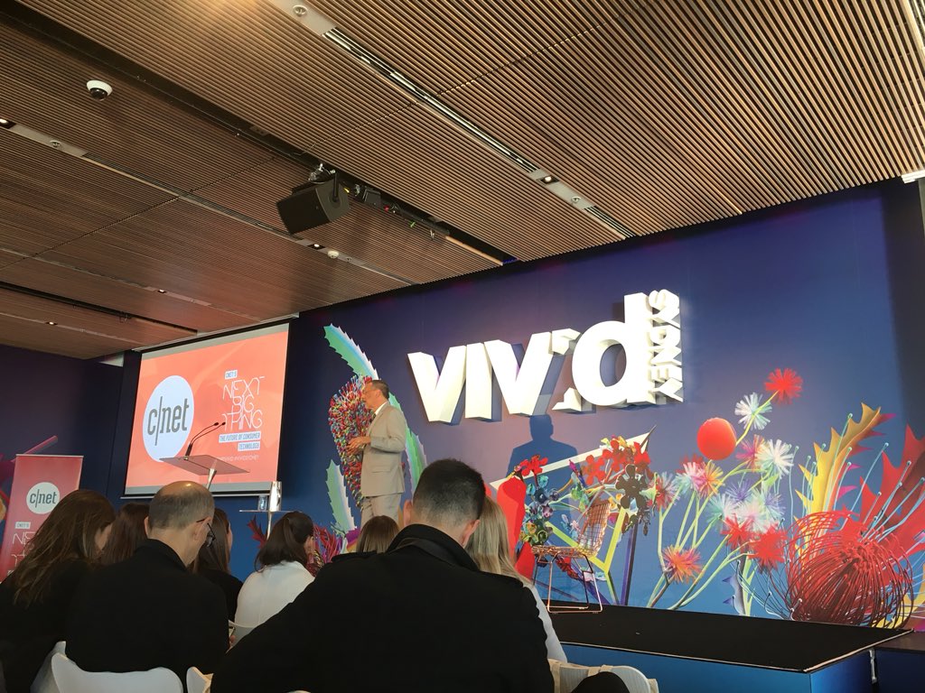 KeriFarrow's tweet photo. Brian Cooley sharing insights on ‘The Future of Consumer Technology’...smart homes, facial recognition, ambient wealth. What a presenter...#CNETNextBigThing #cNETVivid https://t.co/fb48S2ZEac