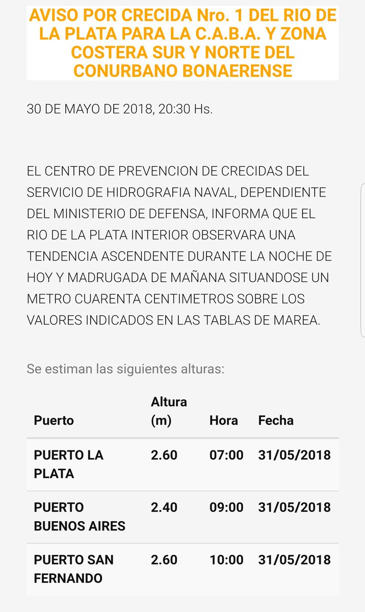 #ATENCIÓN #AVISO DE CRECIDA DEL RÍO DE LA PLATA EMITIDO POR SHN
Estiman 2,60mts para Pto San Fernando a las 10:00hs del 31/5