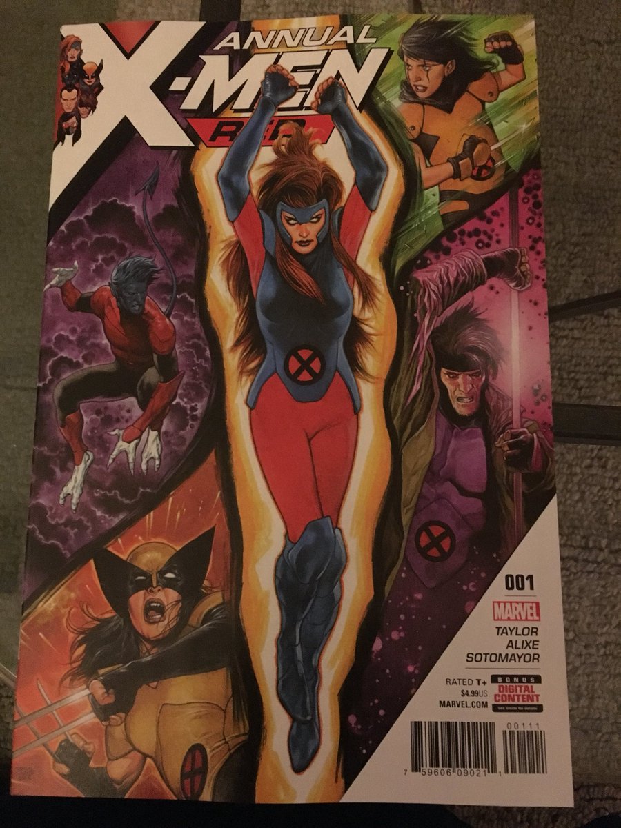 SailorWentz's tweet photo. #NCBD haul! First up: #XMenRed Annual, written by @TomTaylorMade, art by #PascalAlixe, colors by @SotoColor.

I 100% teared up at a weird spot, and then screamed at the very end. Plus, Jean and Rachel spending ANY time together is fantastic, and Laura and Gabby are delights. https://t.co/4VXx5FXoON