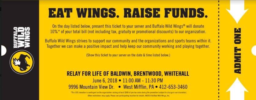 Relay4Life_BHS's tweet photo. NEXT WEEK, Wednesday, June 6th, grab lunch or dinner at Buffalo Wild Wings in West Mifflin! - 10% of your bill goes to Relay For Life! - PRINT &amp; HAND IN SLIP or SHOW IT ON YOUR PHONE!! https://t.co/Y9btJwmmsP