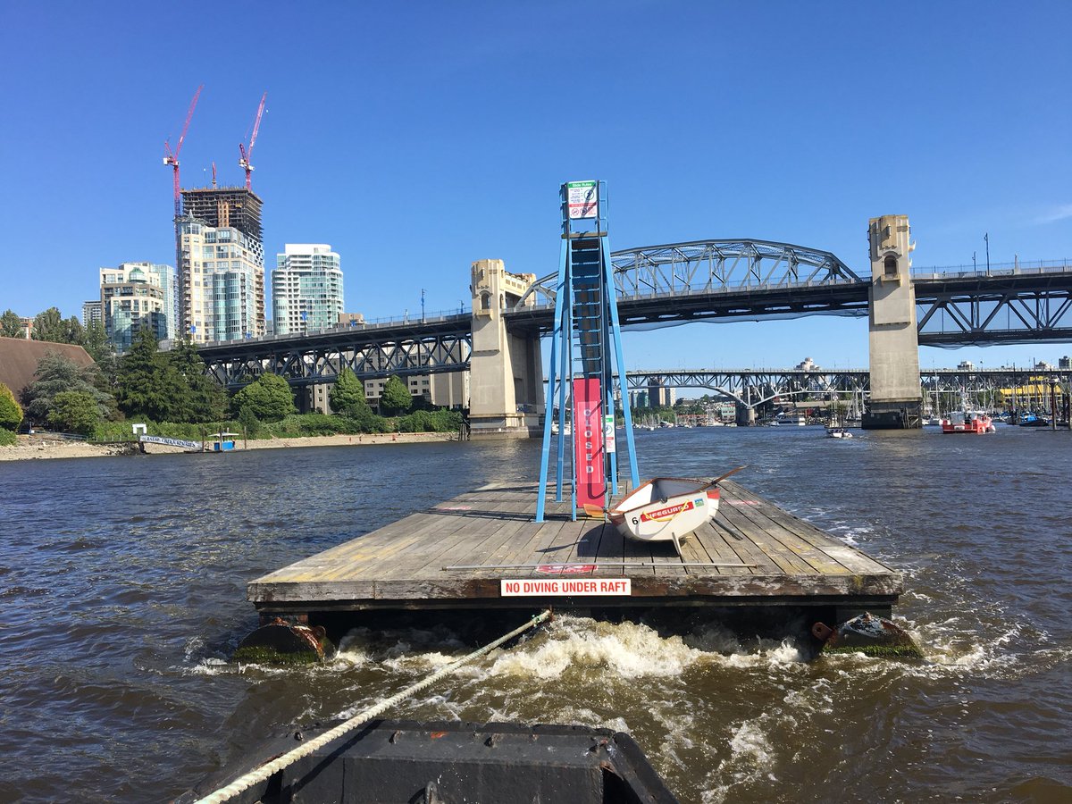ParkBoard's tweet photo. Happening now! The βQueen Maryβ summer swim raft is getting towed to its summer home at #EnglishBay. Rafts at Kits, Jericho, and Locarno beaches will be installed tonight too! #PBsummer https://t.co/rEmkq2IWhr