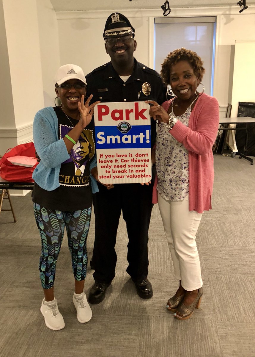 CamdenCountyPD's tweet photo. Lt James with Bridget Phifer and Sheilah Green of PCBIP as he announced the Park Smart initiative. #ParkSmart #Hideyourstuff https://t.co/M69s9xEh5D