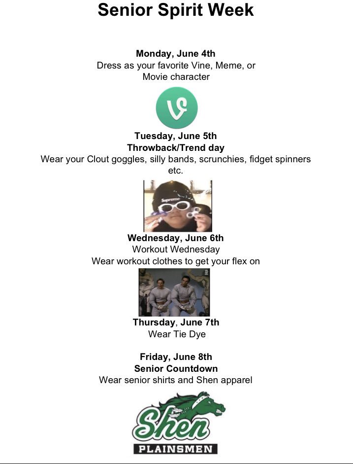 shenclassof2018's tweet photo. SENIOR SPIRIT WEEK IS NEXT WEEK! LET’S END THE YEAR WITH SOME FUN! https://t.co/3ZrgtZ0n9v