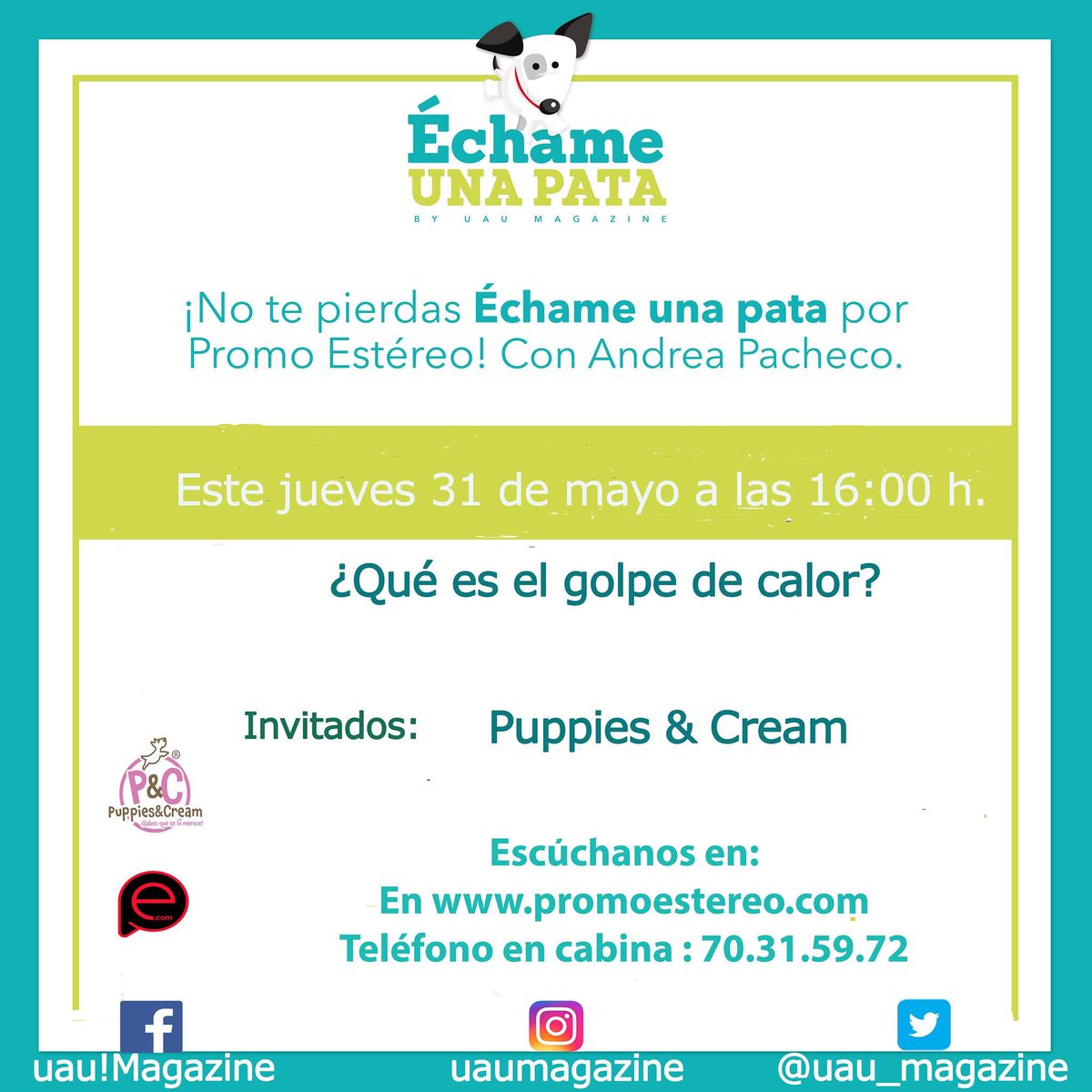 No te pierdas este #Jueves 31 de mayo en punto de las 16:00 h. la emisión en vivo de #ÉchameUnaPata uau! Magazine a través de 

¡No se lo pierdan!

#Perros #Solución #Mifamilia #Mascotas #PrimerosAuxilios 
#AnimalesdeCompañia #Golpedecalor

Puppies&amp;cream