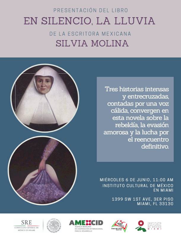 MexEntreLineas's tweet photo. #SilviaMolina #PresentacióndeLibro #EnSilencioLaLluvia #Miami #institutoculturaldeméxicoenmiami #méxicoentrelíneas #MexicanasEntreLibros #libros #miamilibros #Miami #MiamiEventos https://t.co/xLuhvWPz57