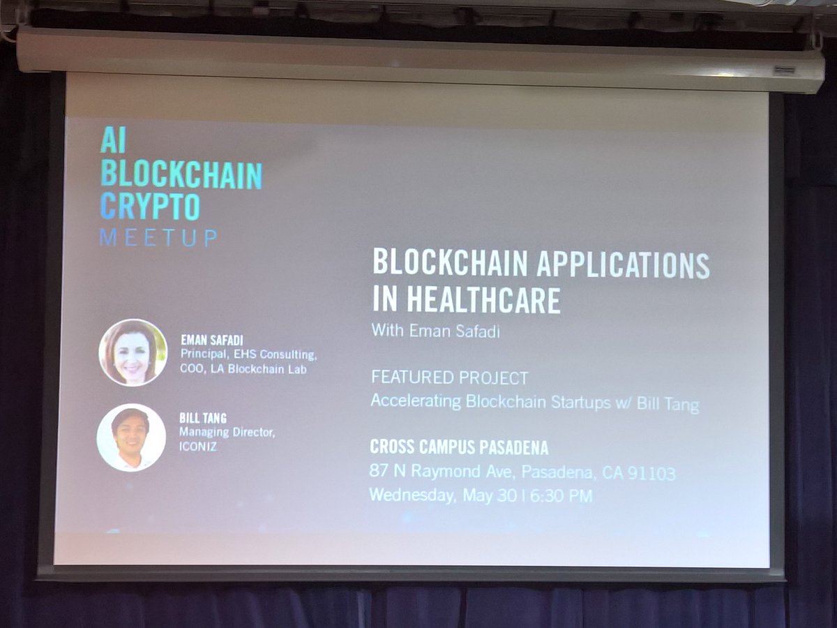 ment1610's tweet photo. Spending the evening attending @ProjectPai listening to presentations by Eman Safadi and Bill Tang on Blockchain Applications in Healthcare. Interested to learn where blockchain can add real near term value to health https://t.co/zLNHl9ijO4