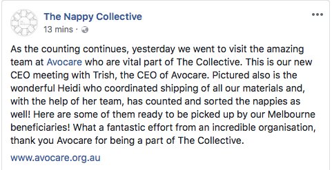 AvocareCC's tweet photo. 2018 is the 5th year that Avocare have been participating in The Nappy Collective. Yesterday we had the pleasure of The Nappy Collectives CEO, Lani Masuku, visit Avocare and witness first hand the team effort that goes into being an honoured supporter. @thenappycollective https://t.co/1oUzgaSNf1