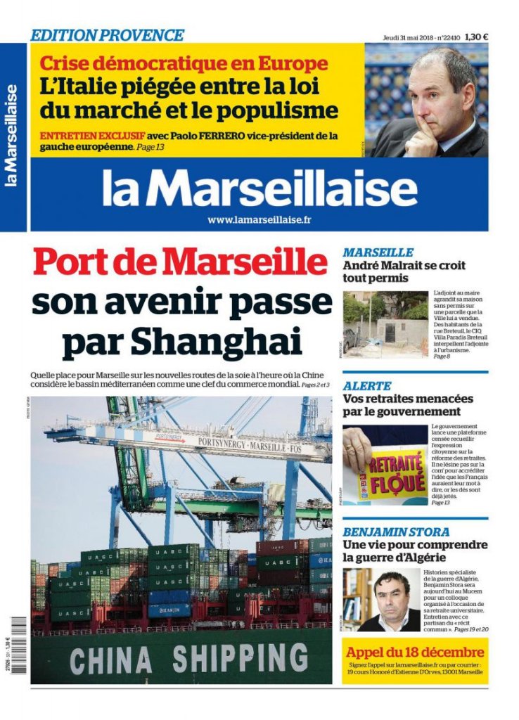 LeoPurguette's tweet photo. La Une de @lamarsweb #Italie #Crise #Port #GPMM #Marseille #Shanghai #Malrait #Permis #Retraites #Stora #Histoire https://t.co/KvsPnhbhEB