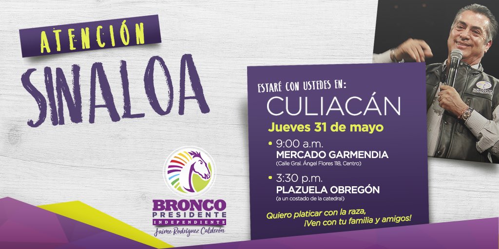 JaimeRdzNL's tweet photo. Mañana voy a estar en #Culiacán #Sinaloa con todos los broncos y broncas que quieren cambiar a #México. Los quiero ver a todos allá así que lleven a sus amigos y familias, vamos a pasar un rato fregón. https://t.co/5uu7v9O1RA