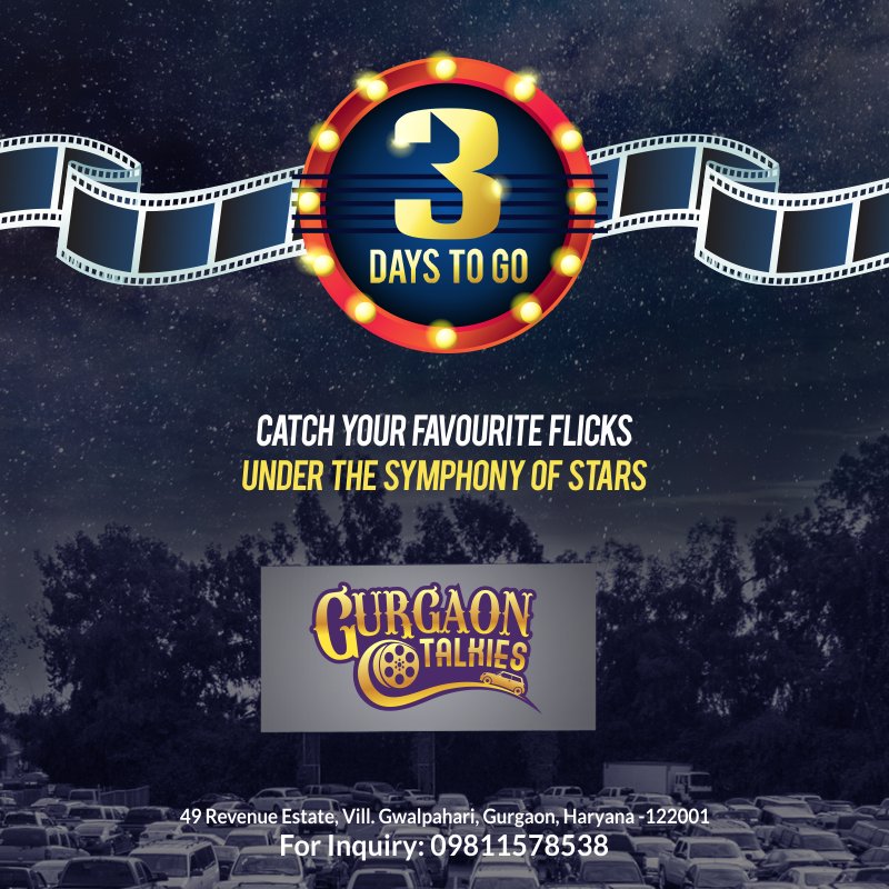 3 DAYS TO GO
Just three days are left for the baap of all entertainments to hit Gurgaon as it unveils North India's foremost drive-in theatre.
For any Enquiry Call us @ 09811569549

#GurgaonTalkies #Gurgaon #GurgaonTimes #Grandopening #Masti #Fun #Enjoy #Friends #Food #FirstTime