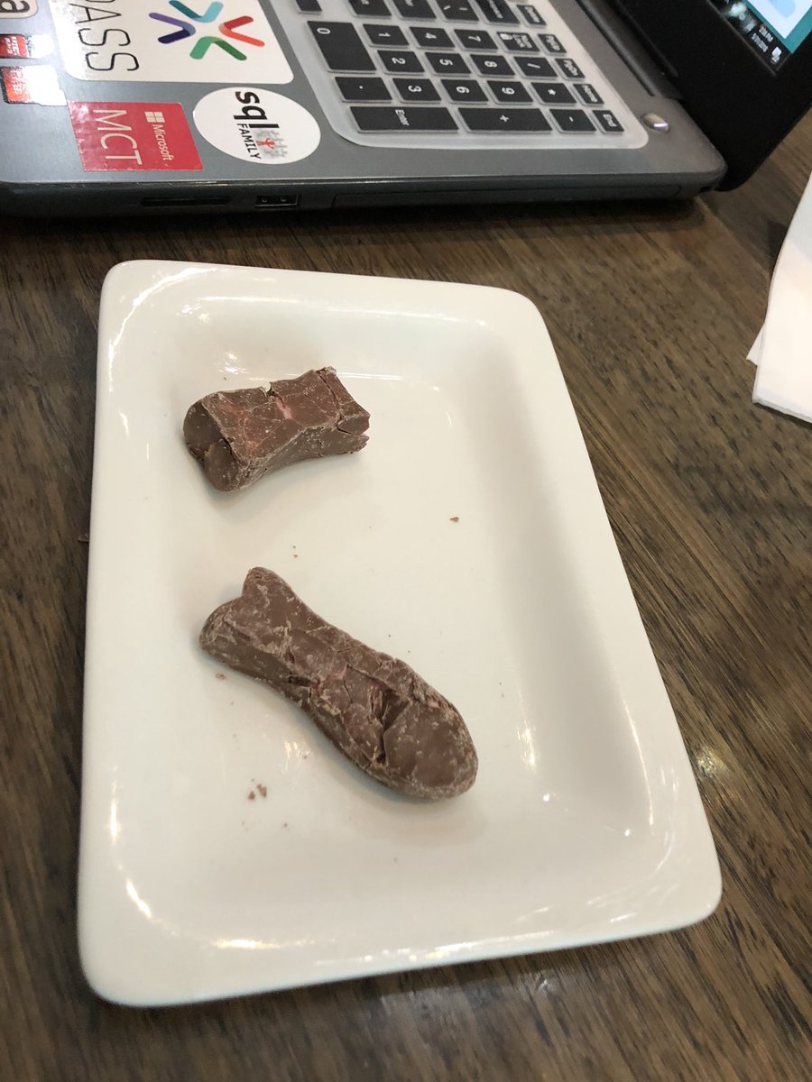 TheHybridDBA's tweet image. @DesertIsleSQL just had a chocolate fish. Her reaction was priceless.
#sqlsat712 & #sqlsat713
This is why #sqlfamily should travel together.
#Yip.