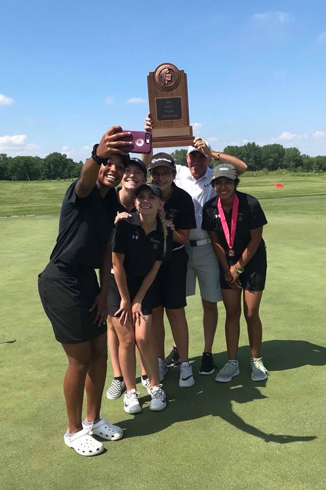 Golf_Grinnell's tweet photo. The Grinnell Tigers Girls Golf close the season finishing in 5th place at the State Tournament shooting a combined 709 for both days! Bella Amador-Lacson finished in 9th place and Alisha Ford tied for 10th earning All-State Honors! What a great season, girls! 🐯🧡🖤 https://t.co/uQ8x3Hx1fv
