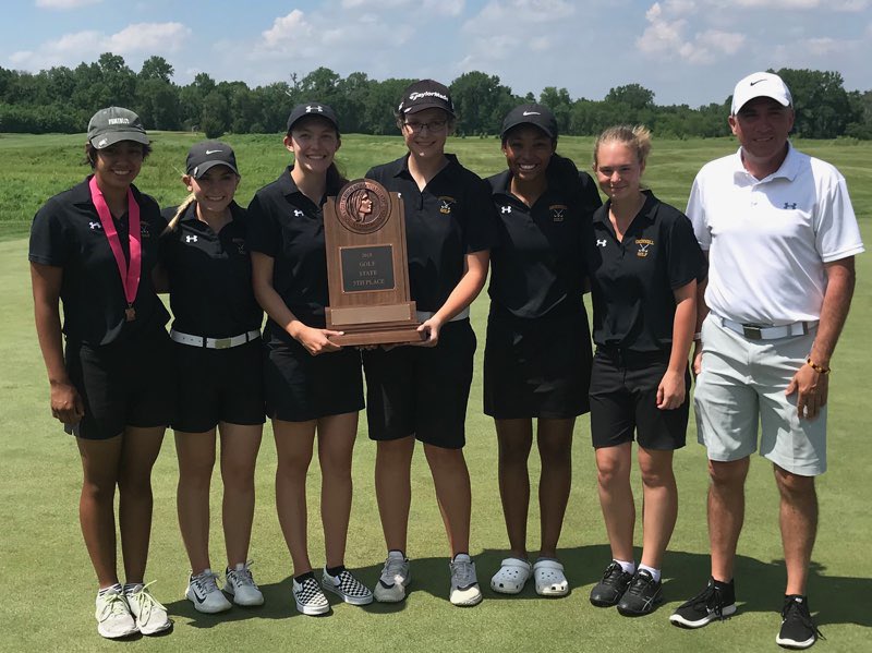 Golf_Grinnell's tweet photo. The Grinnell Tigers Girls Golf close the season finishing in 5th place at the State Tournament shooting a combined 709 for both days! Bella Amador-Lacson finished in 9th place and Alisha Ford tied for 10th earning All-State Honors! What a great season, girls! 🐯🧡🖤 https://t.co/uQ8x3Hx1fv