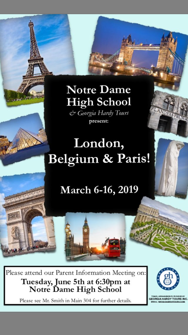 Join us in Europe 2019.  Get forms and info in M304 for the upcoming parent night June 5th. <a href="/NDHSNDTV/">NDTV</a> <a href="/ND_Council/">ND Council</a> <a href="/NOTREDAME_AC/">ND Athletic Council</a>