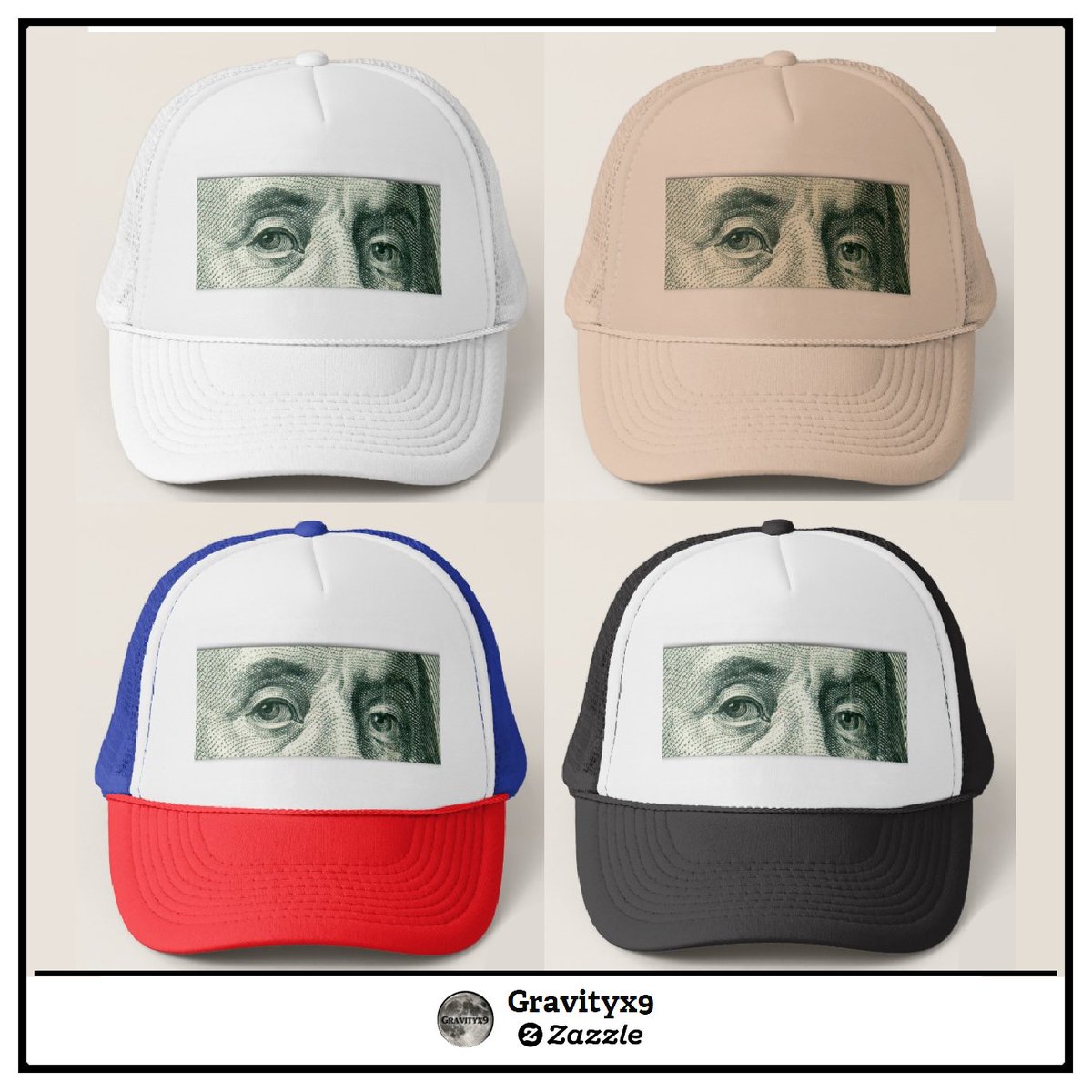 gravityx9's tweet photo. https://t.co/e3W8g7ldKj **  Stay cool, keep the sun out of your eyes with this Benjamin Franklin's Trucker Style Hat! ~ Available in several color options. This design is also available on posters, mugs &amp; more at Zazzle. #money #moneyhat  #gravityx9 #benfranklin https://t.co/HgVCtTQTmE