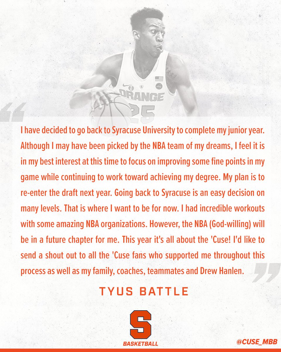 Cuse_MBB's tweet photo. @tyusbattle1 Statement from @tyusbattle1 on returning to Syracuse for his junior year. https://t.co/yoB4nA5gA3