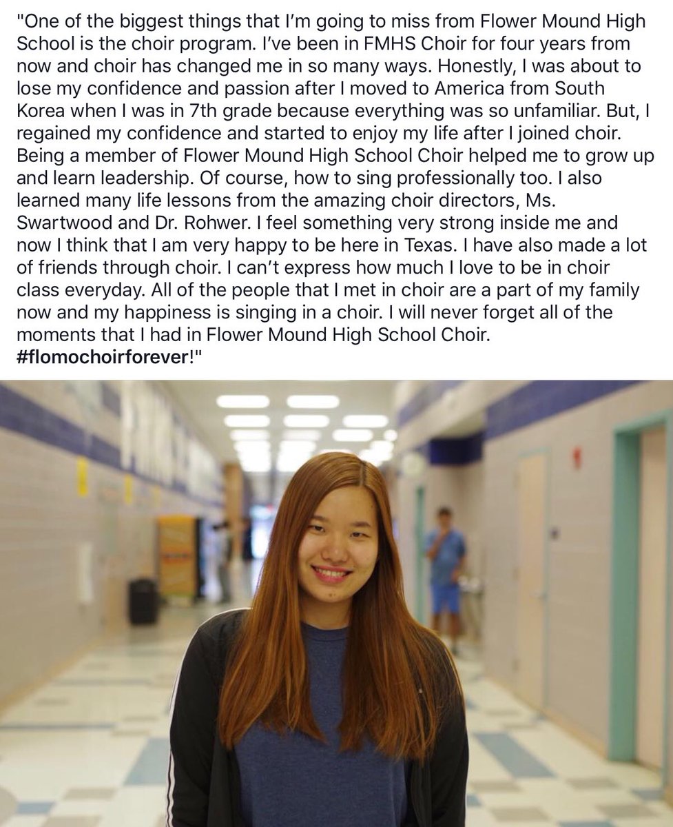 HumansofFloMo's tweet photo. "One of the biggest things that I’m going to miss from Flower Mound High School is the choir program. I’ve been in FMHS Choir for four years from now and choir has changed me in so many ways. Honestly, I was about to lose my confidence and passion after I moved to America..." https://t.co/RiAIcsZ7U1
