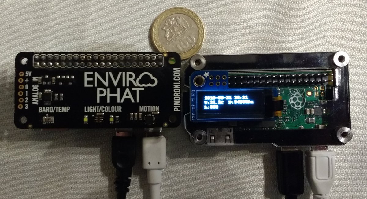 sebacl's tweet photo. Couple of #raspberrypizero working together. The first with a #enviropihat from #pimoroni reports environmental variables through a #python #rest #json webservice. The second with a #adafruit #PIOLED screen, consumes the webservice through HTTP and prints the data on the screen https://t.co/KMnVi57529