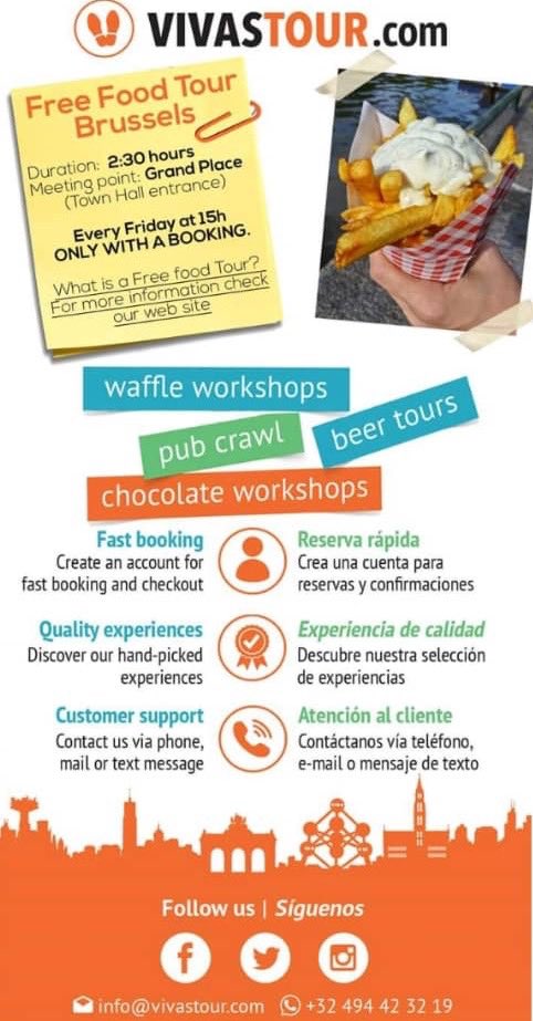 We offer the very first Free Food Tour of Brussels!!! Every friday at 15h. ONLY WITH A BOOKING #VIVAsTour #FreeTour 🚩🍺🍟🍻